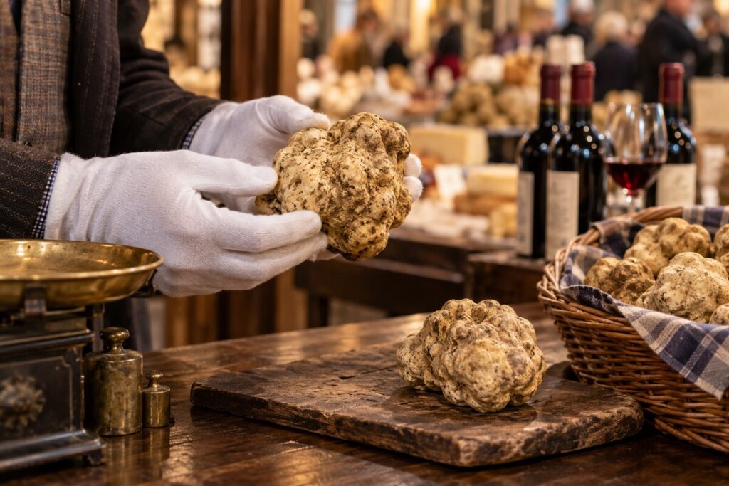 Editorial image illustrating white truffles at an Alba market