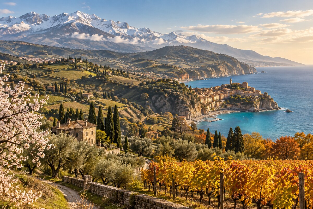 Editorial seasonal landscape illustrating the best time to visit Italy