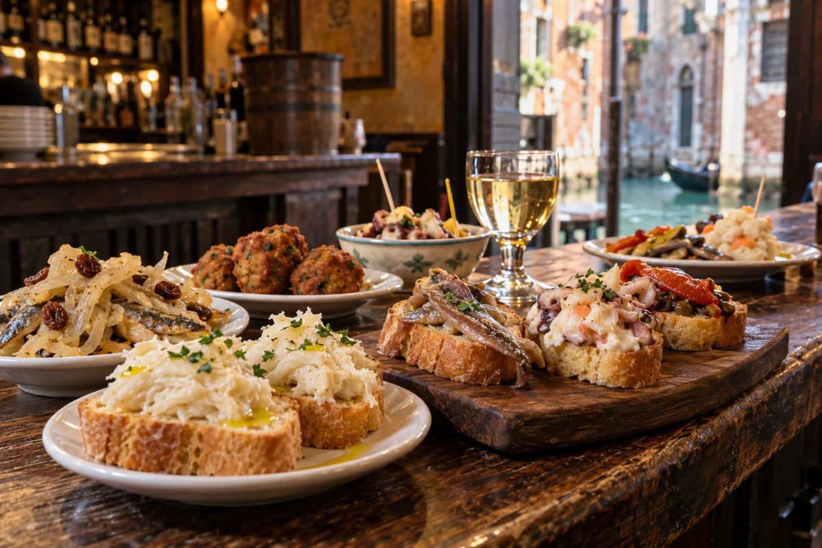 Traditional cicchetti and white wine in a Venetian bacaro