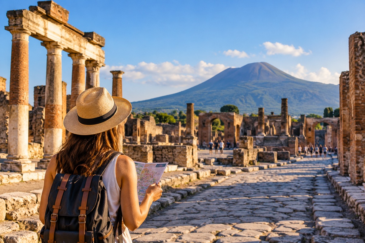 Traveler exploring Pompeii ruins with Mount Vesuvius in the background on a day trip from Rome or Naples