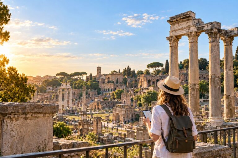 Traveler exploring the Roman Forum in Rome without a guide at sunset