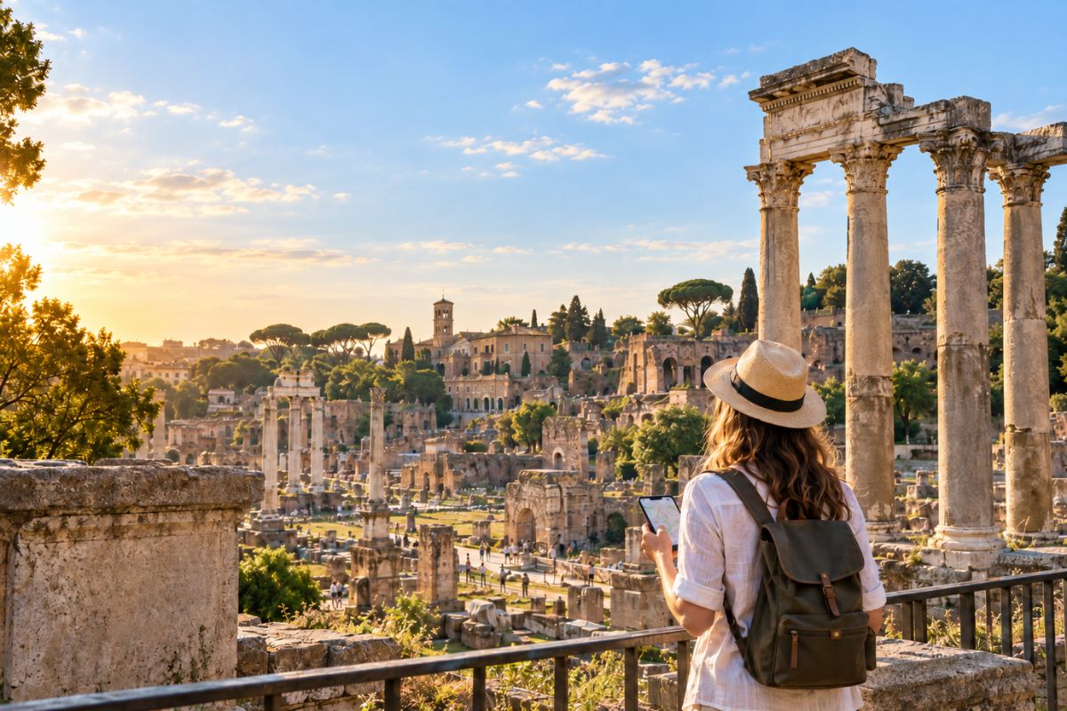 Traveler exploring the Roman Forum in Rome without a guide at sunset