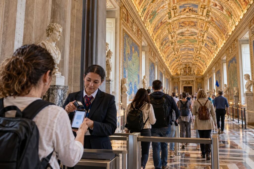 Visitor presenting a digital ticket inside the Vatican Museums