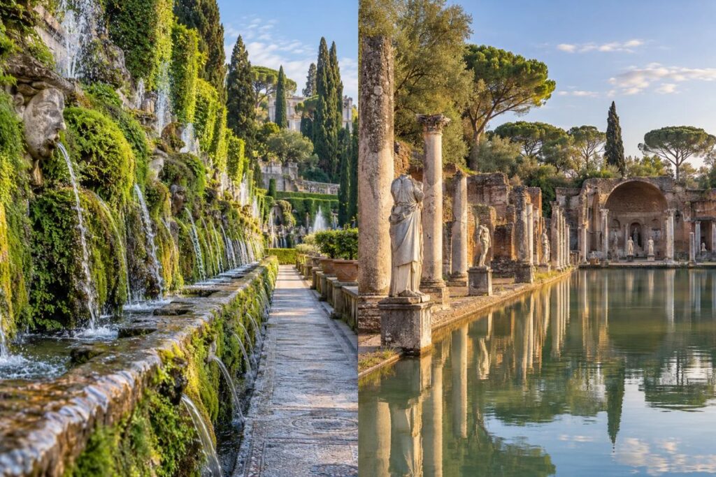 Villa d’Este fountains and Hadrian’s Villa ruins in Tivoli