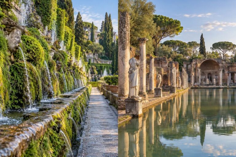 Villa d’Este fountains and Hadrian’s Villa ruins in Tivoli