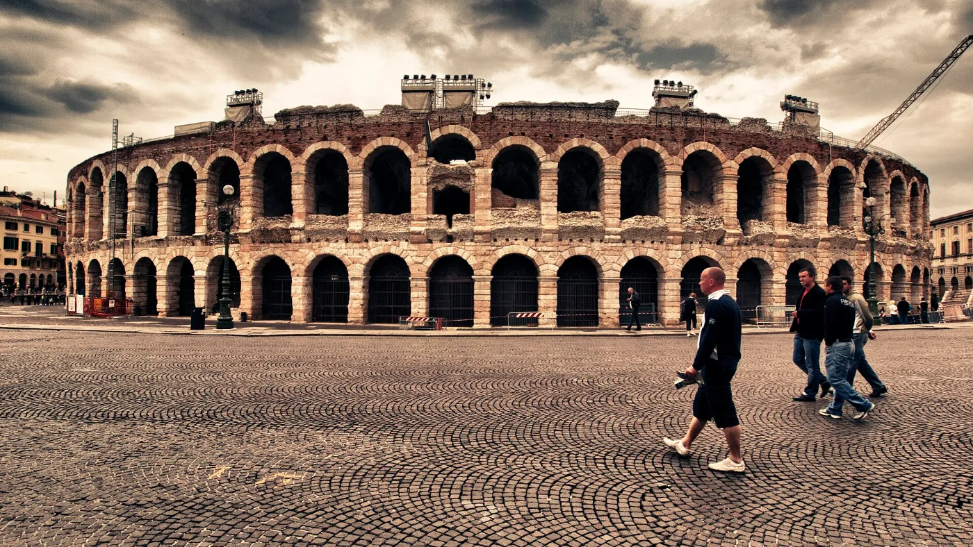 The Roman amphitheater of the Arena di Verona on Piazza Bra, Verona
