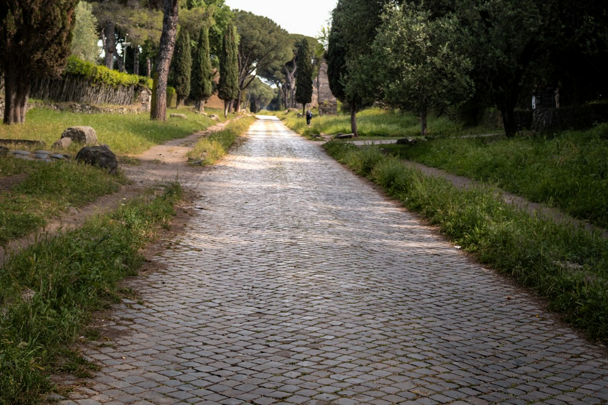 Ancient paving stones of the Via Appia Antica between green verges and trees