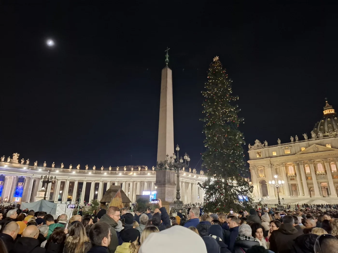Crowds gather at night in St. Peter's Square around the obelisk and a tall Christmas tree