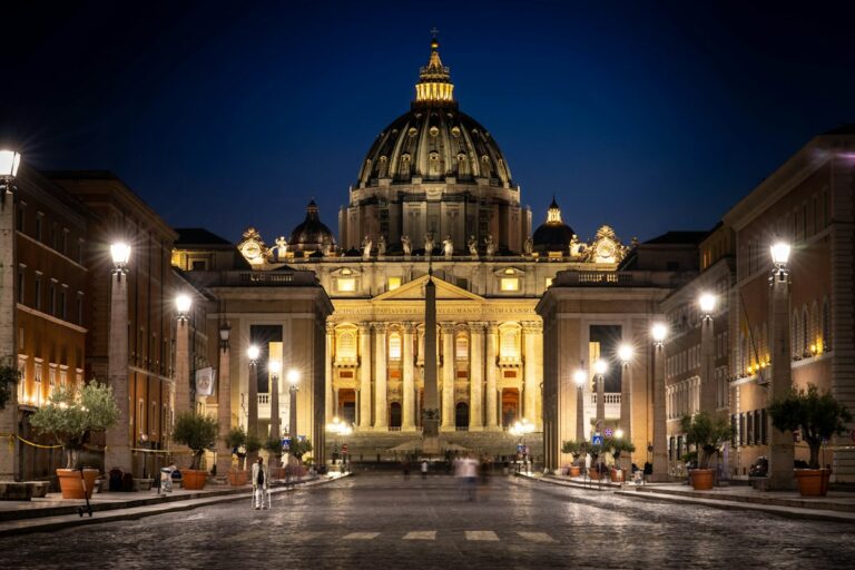 St. Peter's Basilica seen from Via della Conciliazione at night, Rome