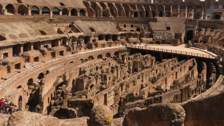 Underground passages of the Colosseum seen from the arena level in Rome