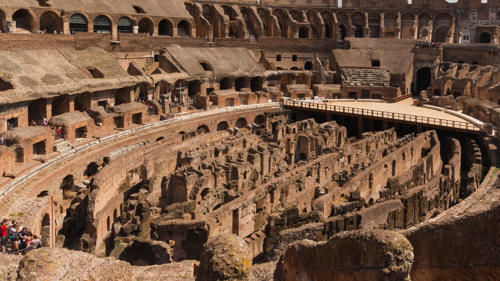 Underground passages of the Colosseum seen from the arena level in Rome