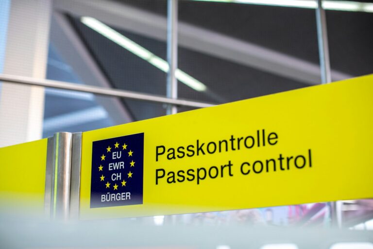 Passport control sign for EU, EEA and Swiss citizens at a European airport