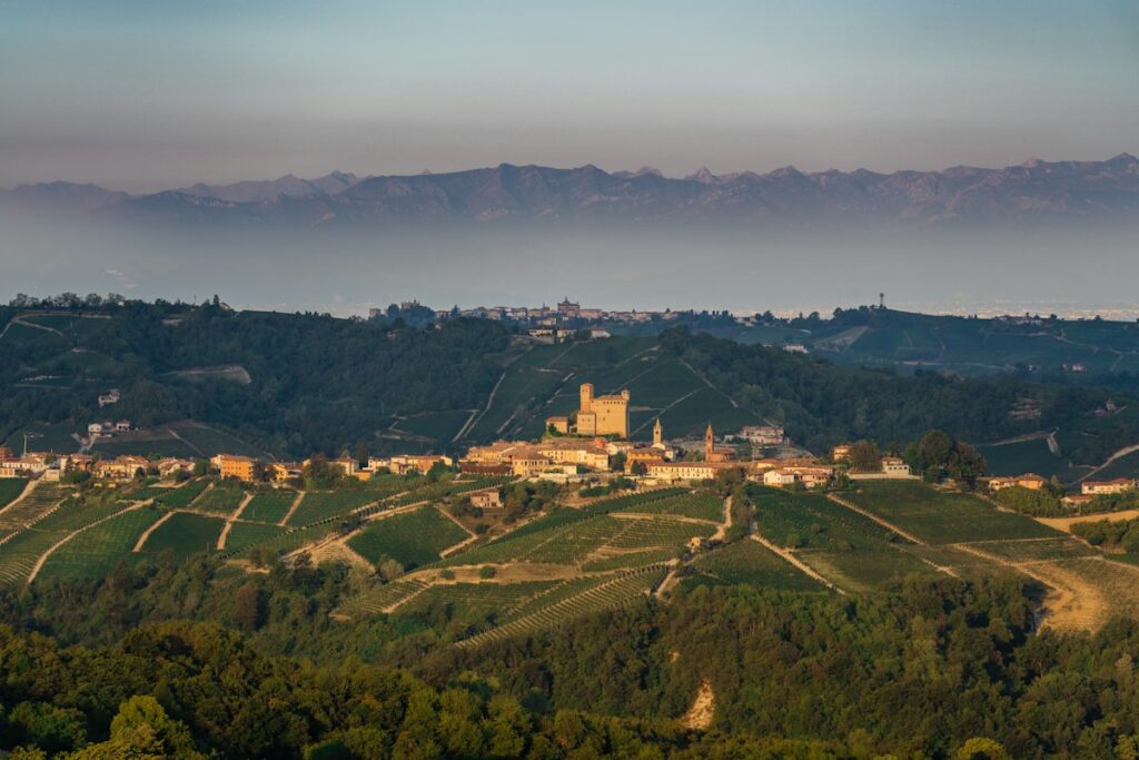 Serralunga d'Alba and its vineyards in the Langhe hills near Alba, home of the truffle fair, one of the top events in Italy in October