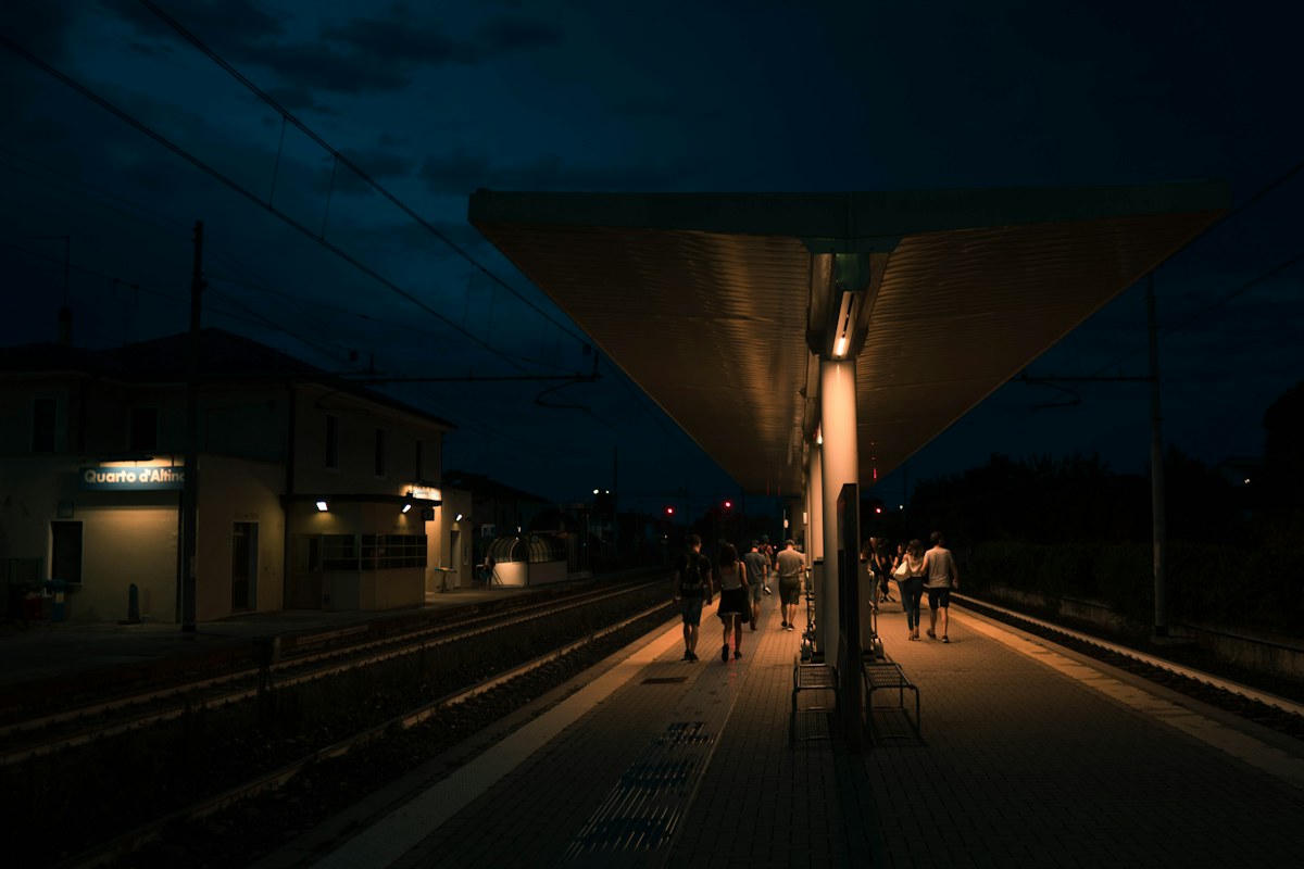 Florence to Venice train: the railway station in Venice at night