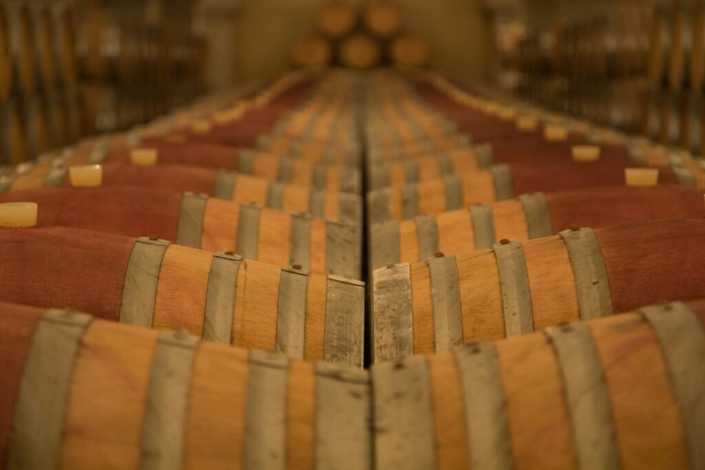 Rows of oak wine barrels in an Italian wine cellar