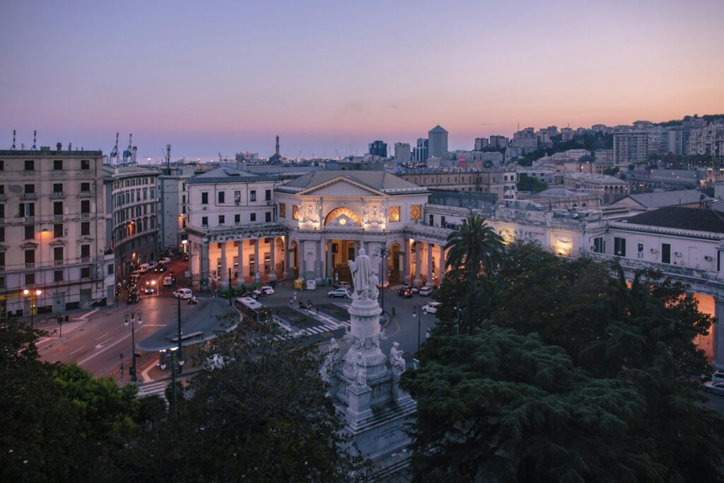 Genoa city center at dusk seen from above