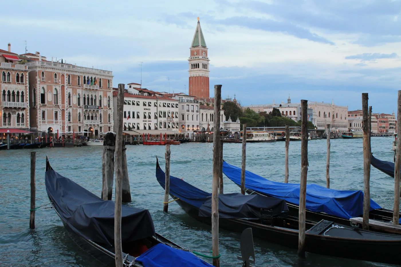 Gondolas moored along a canal in Venice
