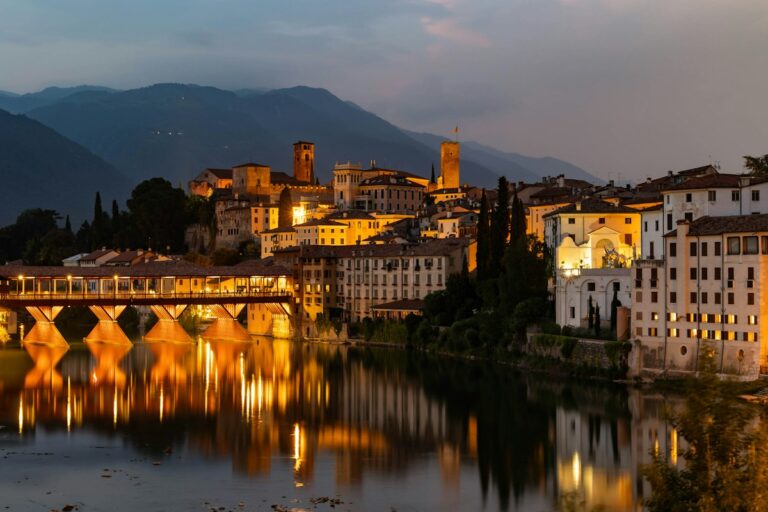 Bassano del Grappa and its covered wooden bridge at dusk, the home town of Italian grappa