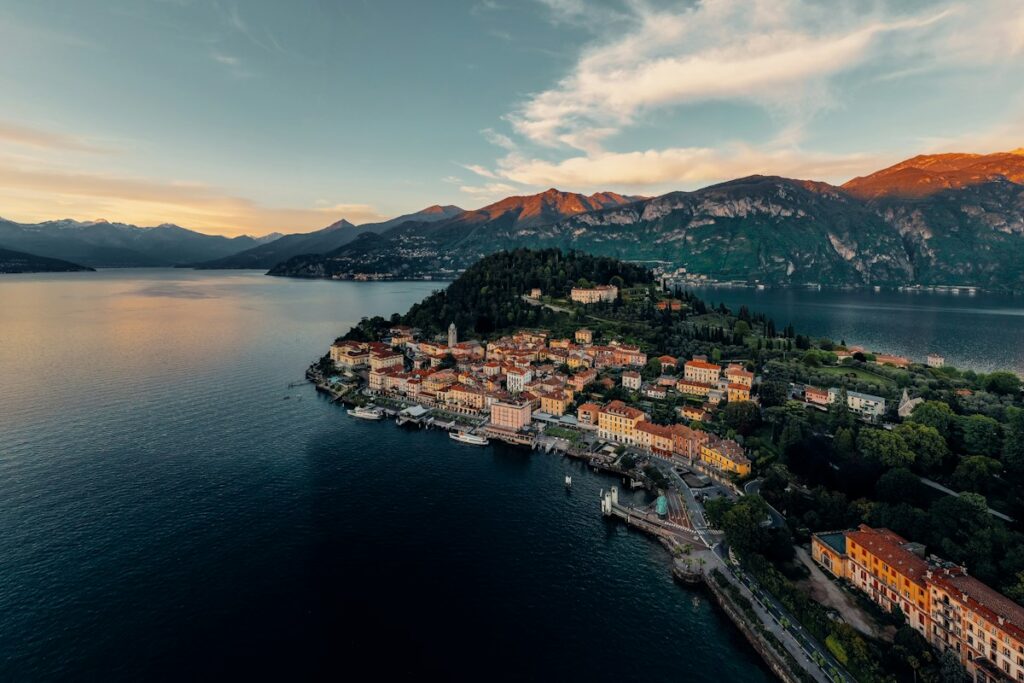 Aerial view of a lakeside town, a sight on a day trip from Milan to Lake Como