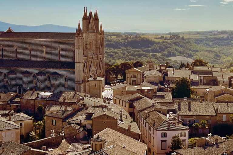 Orvieto Cathedral rising above the rooftops of the hill town