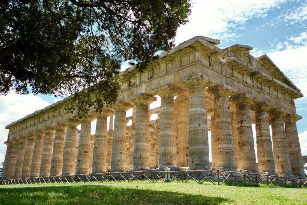 Temple ruins and trees seen on a Paestum day trip