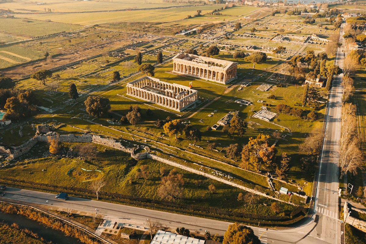Aerial view of a Greek temple at Paestum, the goal of a Paestum day trip