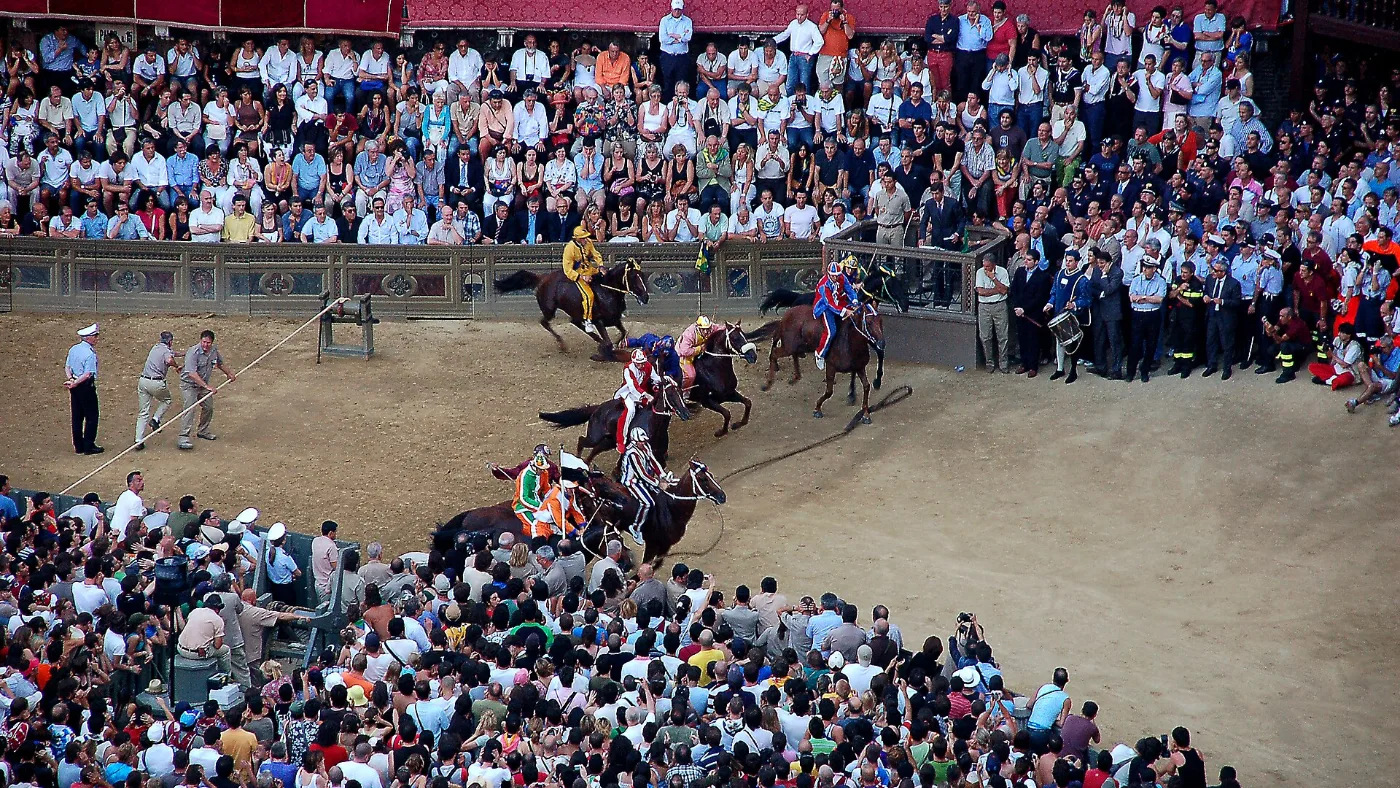 Horses at the start of the Palio di Siena in a crowded Piazza del Campo