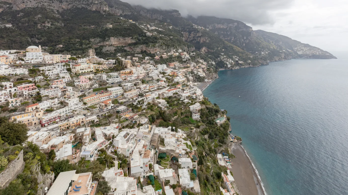 Positano houses stacked on the cliffs above the sea on the Amalfi Coast