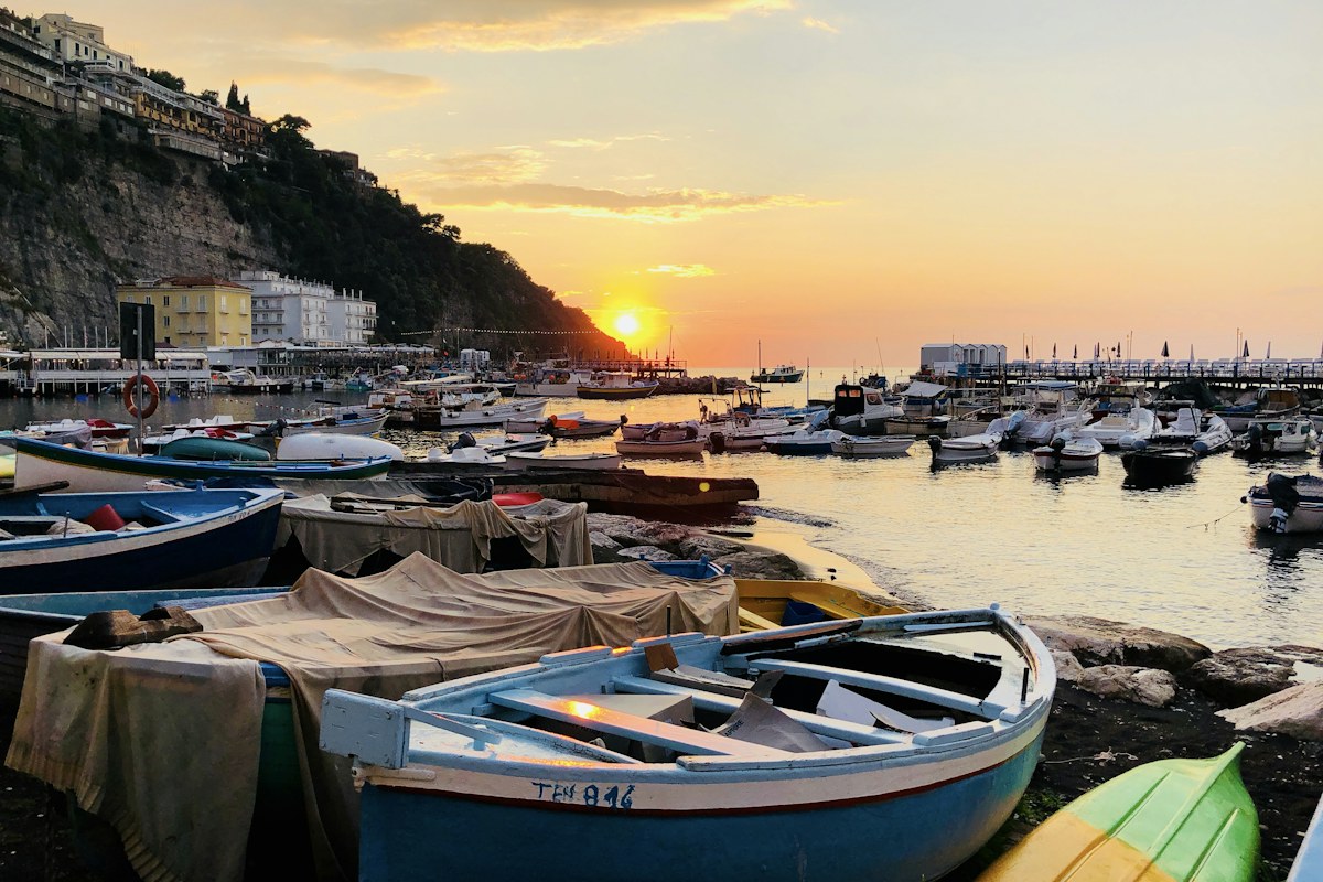 Sorrento harbor at sunset, a gateway on the trip from Rome to Amalfi Coast towns