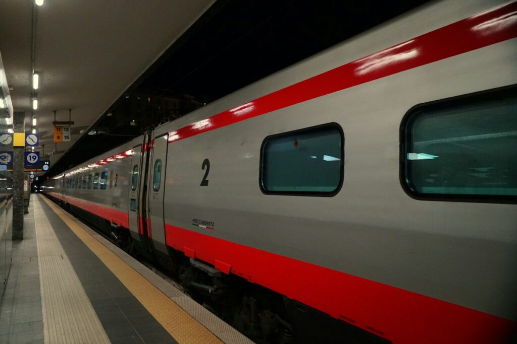 A high-speed train at the platform, the type used on the Rome to Naples train route