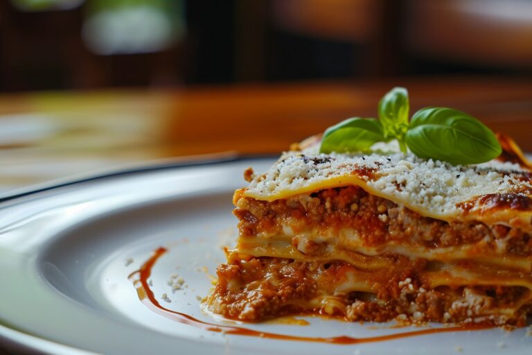 A plate of lasagna, a classic dish of Sunday lunch in Italy