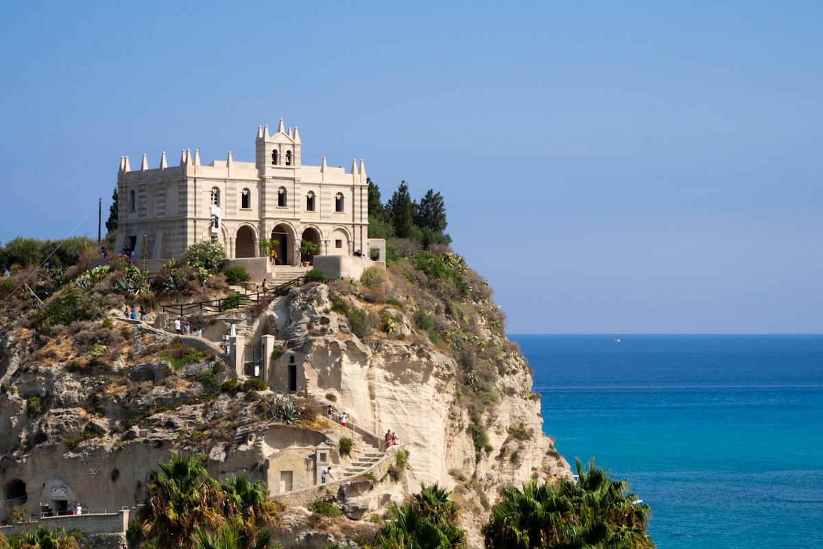 The Sanctuary of Santa Maria dell'Isola on its rock above the sea in Tropea