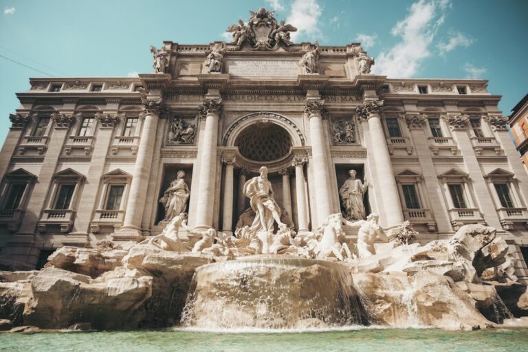 The Trevi Fountain in Rome with its carved stone sculptures