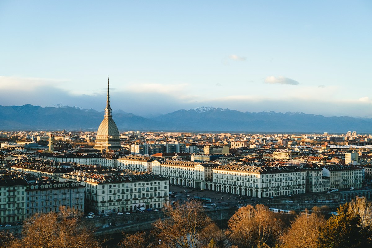 The Turin skyline with the Mole Antonelliana and the Alps