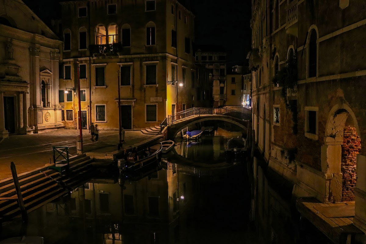 A quiet Venice canal at night