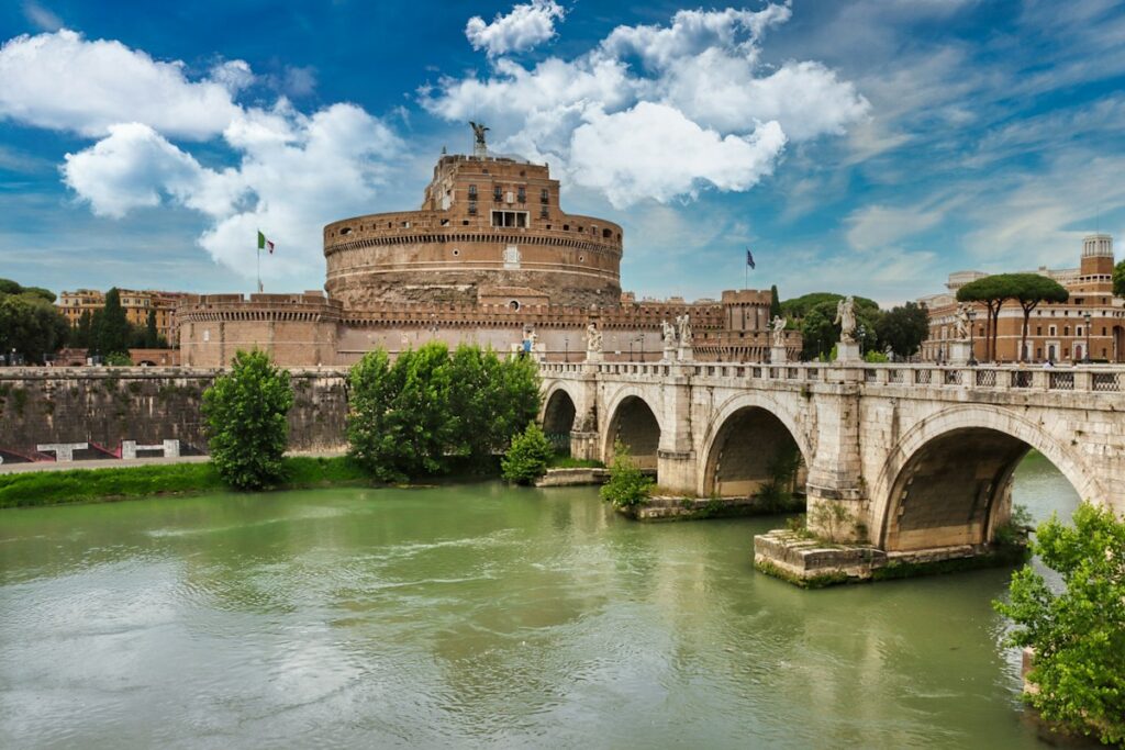 Castel Sant'Angelo and the Ponte Sant'Angelo bridge over the Tiber in Rome