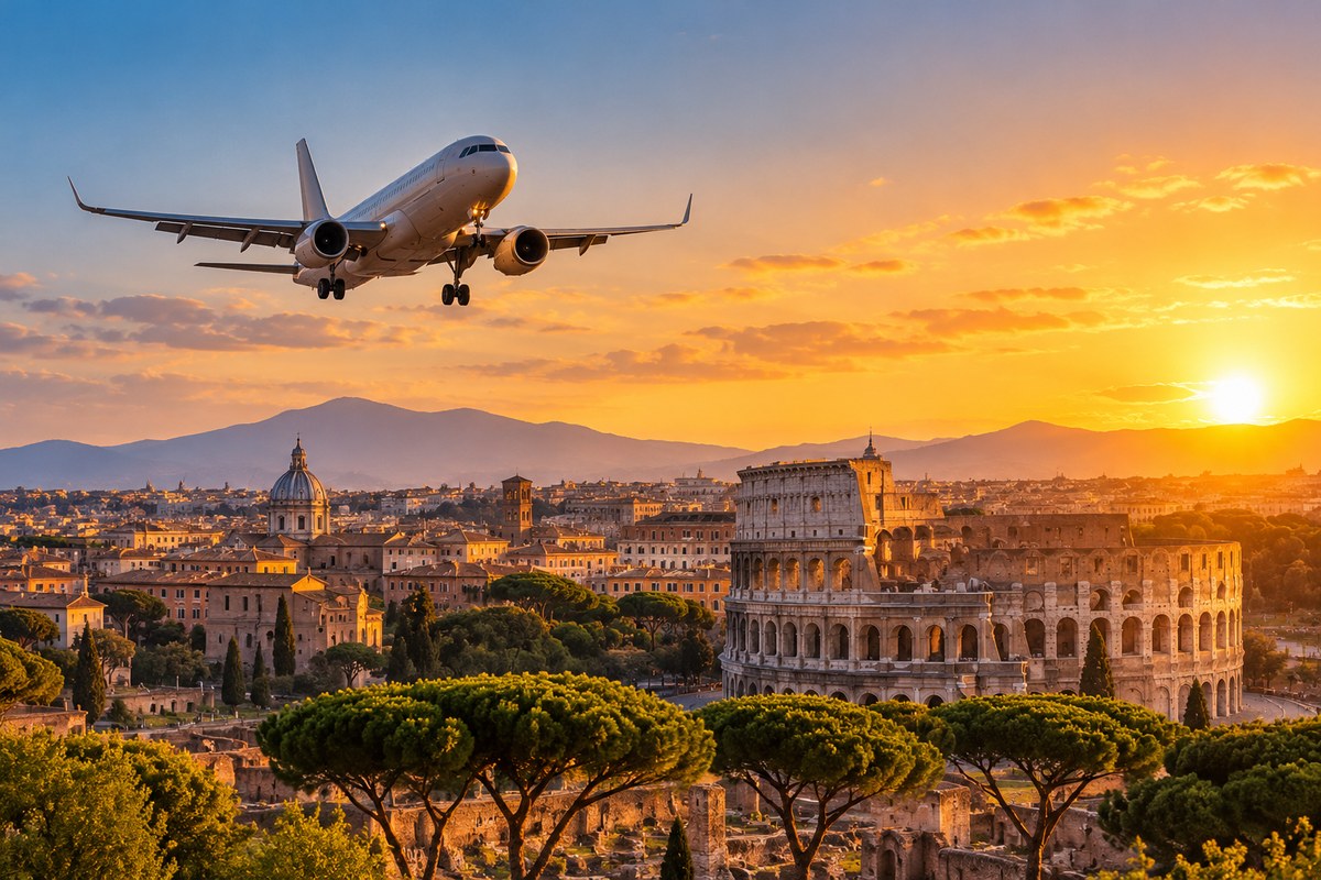Passenger airplane approaching Rome at sunset, with the Colosseum and historic city skyline below.
