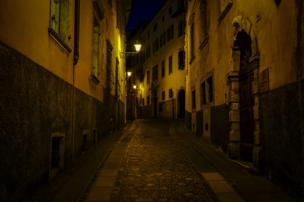 A narrow cobbled street in the old town of Rovereto lit by street lamps at night